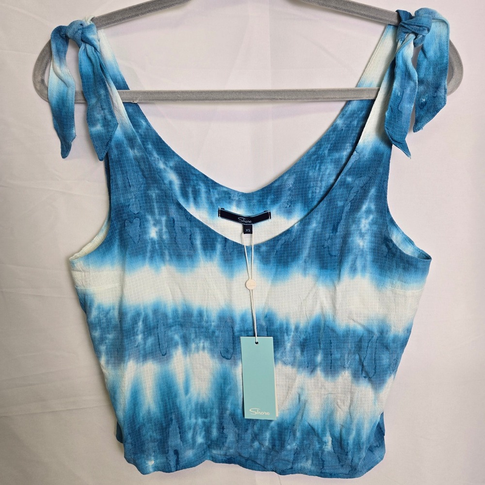 Shoreā Tie Shoulder Tie-Dye Crop Top Blue White Coastal Beach Resort XS New $108